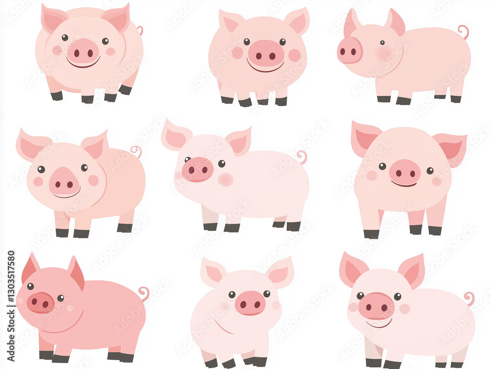 Icônes de cochons en flat design sur fond blanc Icônes de cochons en flat design sur fond blanc