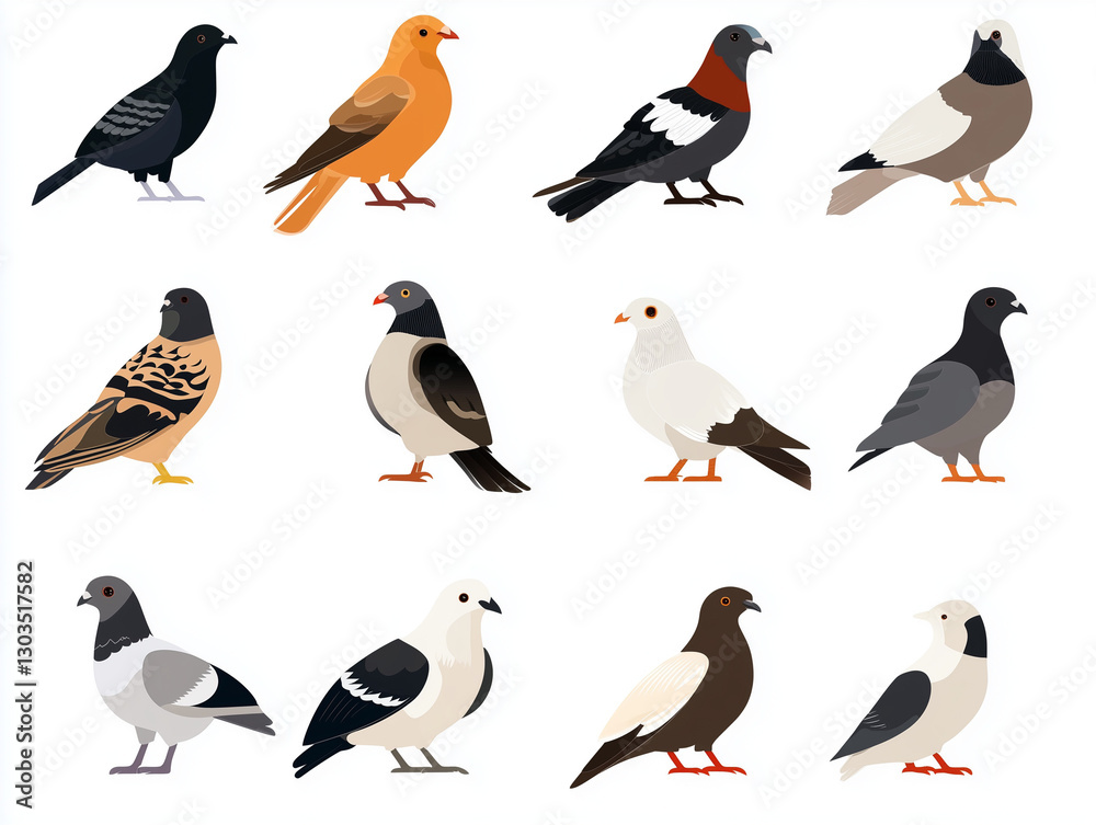 Naklejka premium Icônes de pigeons en flat design sur fond blanc