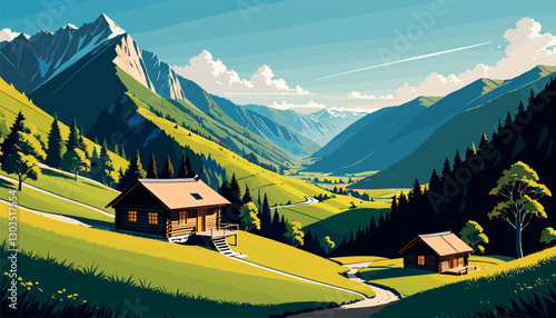 Scenic wooden cabin in lush green mountain valley