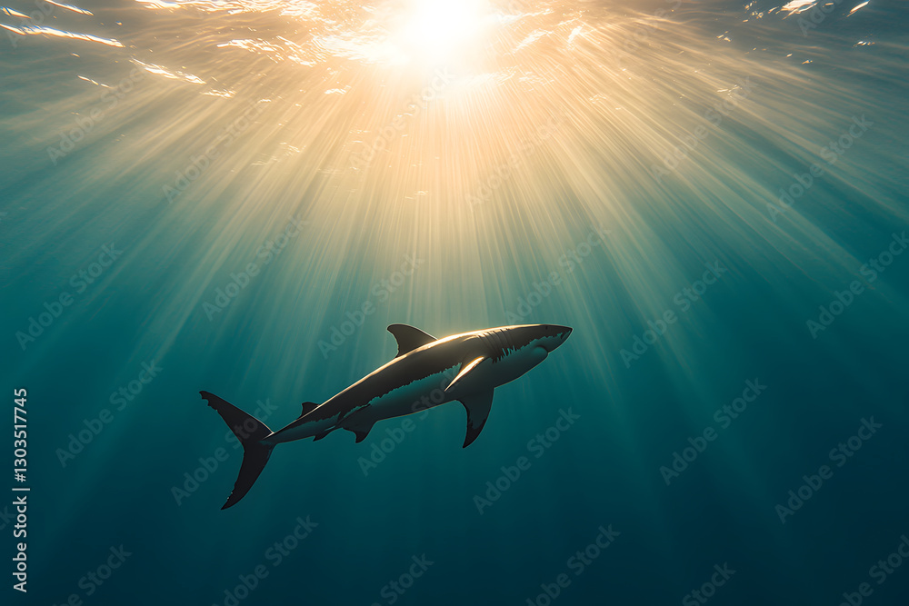 Fototapeta premium Majestic shark swims serenely through sunlit ocean waters. Powerful predator in its natural habitat, a captivating underwater scene.