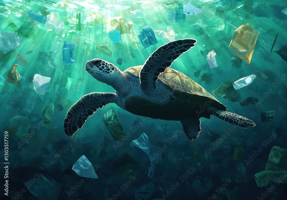 Fototapeta premium Sea turtle swimming through plastic pollution in ocean, highlighting environmental concerns, marine life, and the impact of human waste on underwater ecosystems