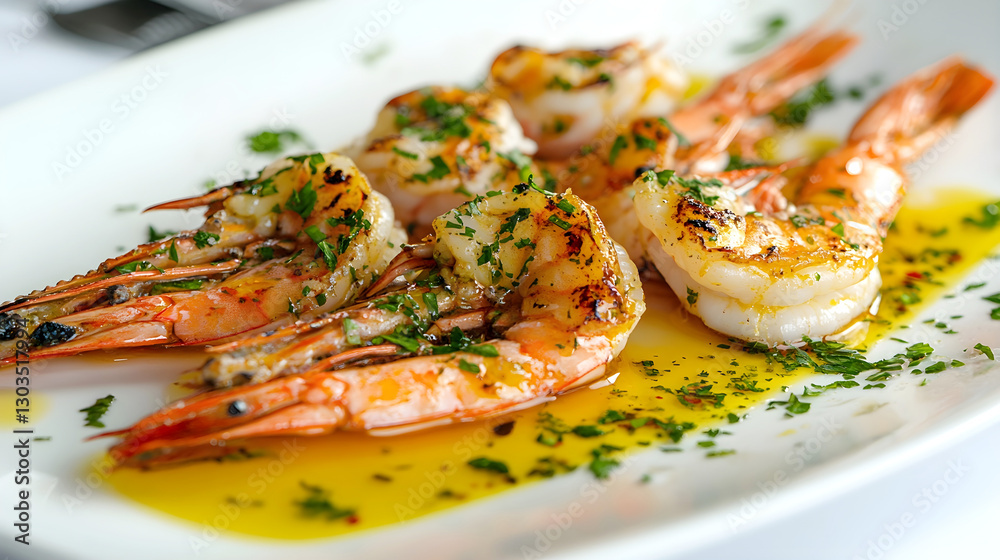 Grilled shrimp served on a white plate with olive oil, fresh herbs, and seasonings, creating delicious seafood dish with a gourmet presentation Grilled shrimp served on a white plate with olive oil, fresh herbs, and seasonings, creating delicious seafood dish with a gourmet presentation