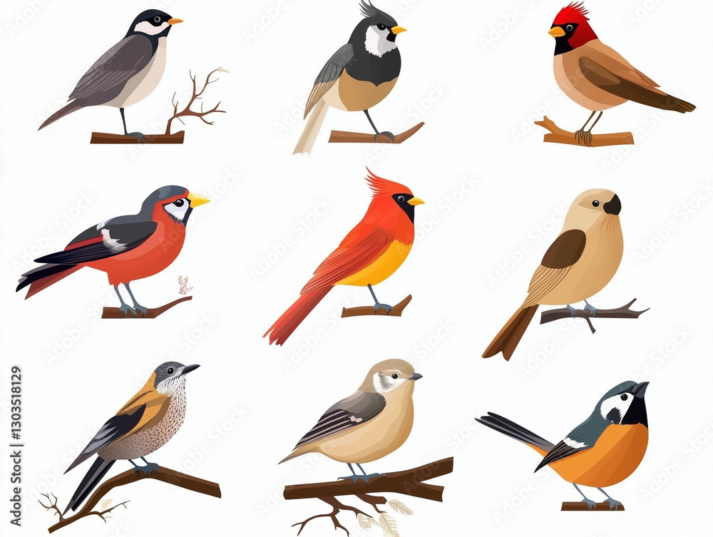 Fototapeta premium Icônes d'oiseaux en flat design sur fond blanc