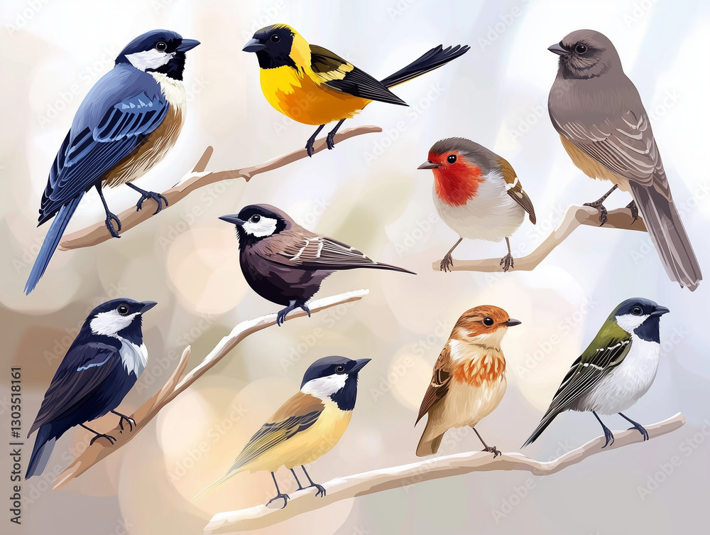 Fototapeta premium Icônes d'oiseaux en flat design sur fond blanc