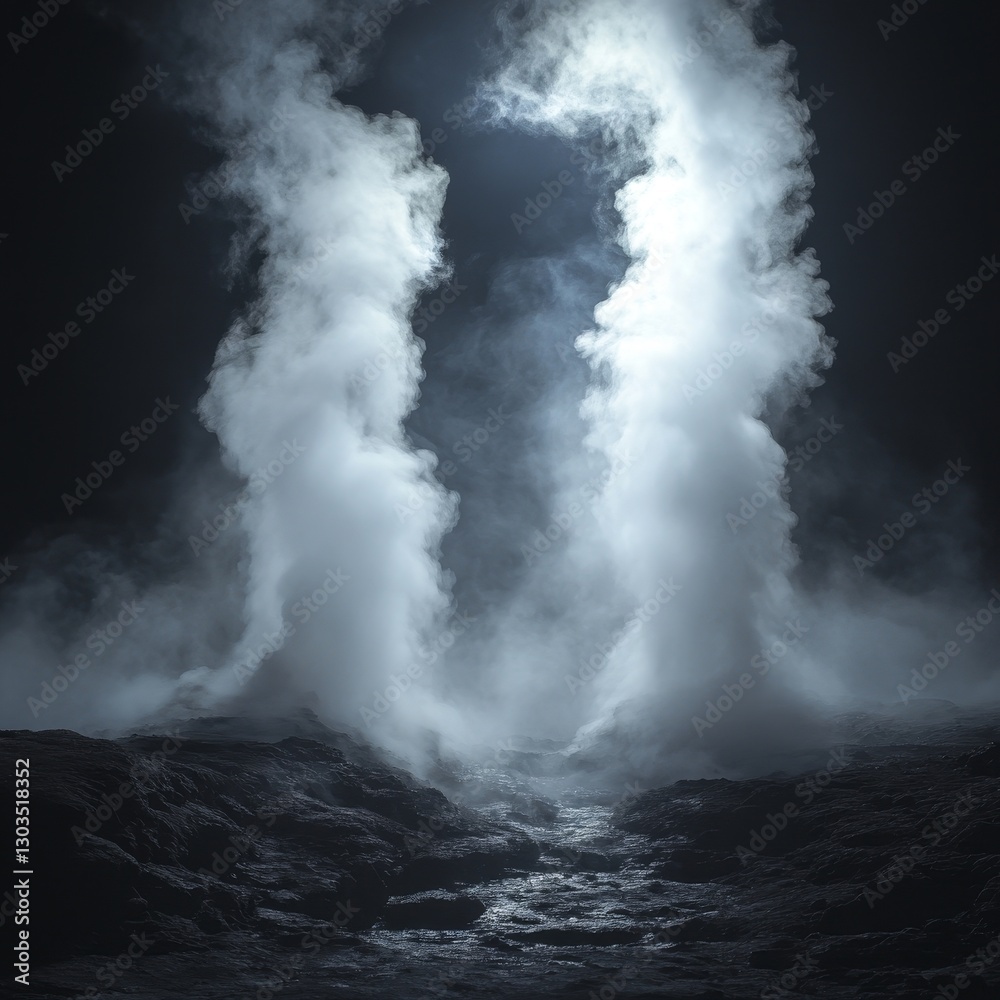 Obraz premium Mystical Geothermal Landscape: Dramatic Steam, Smoke, and Shadows in Nature's Ethereal Twilight
