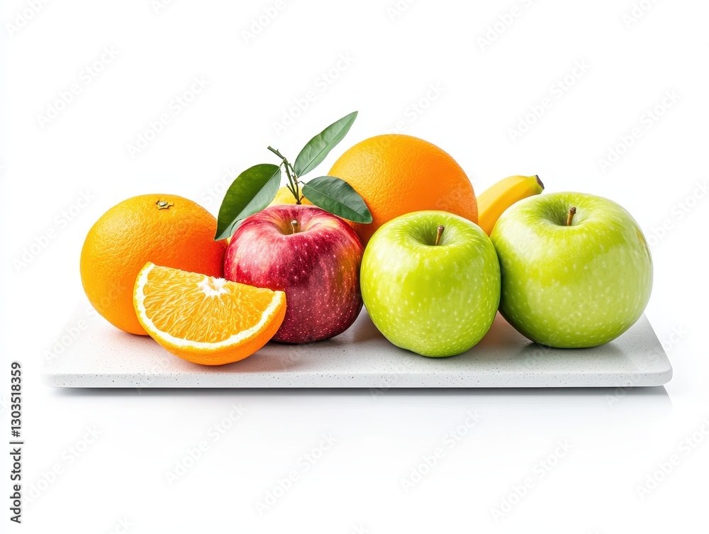 A vibrant display of fresh apples, oranges, and a banana on a white platter A vibrant display of fresh apples, oranges, and a banana on a white platter