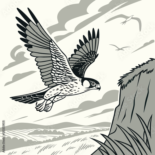 A powerful Peregrine Falcon captured in action mid-dive, showcasing its speed and precision as an aerial predator, illustrated in stunning vector style