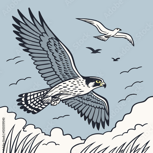 A powerful Peregrine Falcon captured in action mid-dive, showcasing its speed and precision as an aerial predator, illustrated in stunning vector style