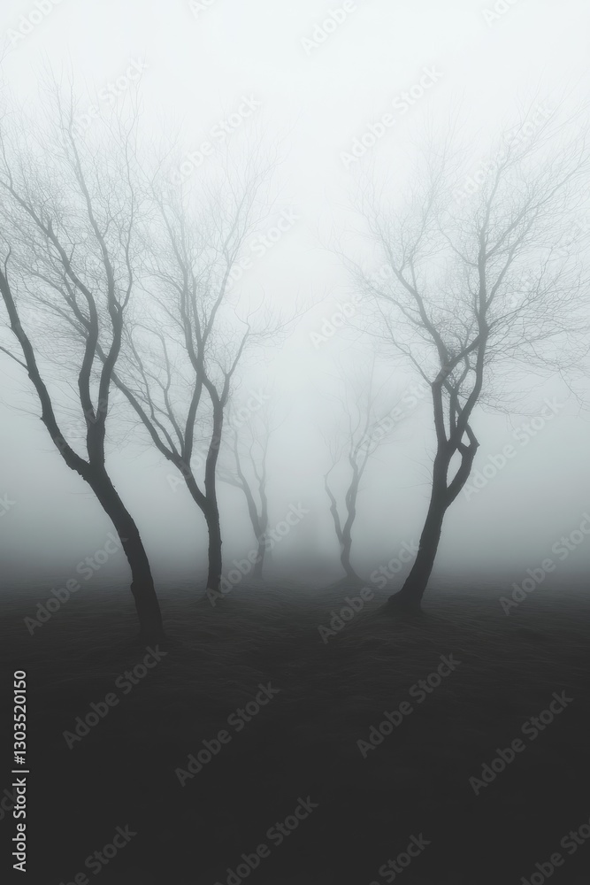 Fototapeta premium Eerie Foggy Forest with Bare Trees Creating a Spooky and Atmospheric Landscape