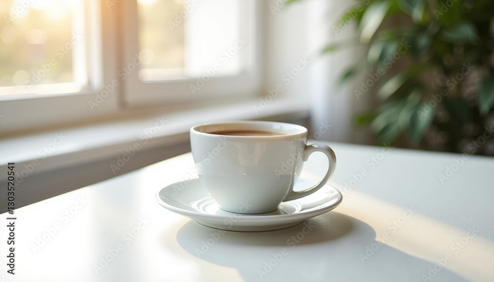 White coffee cup with tea on saucer against sunny window background White coffee cup with tea on saucer against sunny window background
