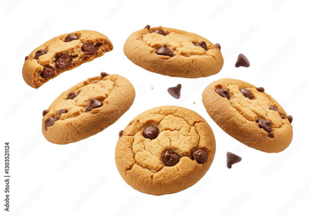 A collection of golden brown chocolate chip cookies floating in mid air isolated on transparent background A collection of golden brown chocolate chip cookies floating in mid air isolated on transparent background