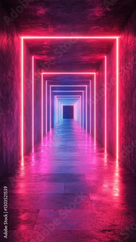 Vibrant neon corridor with glowing lights creating a surreal depth effect in an urban setting at night