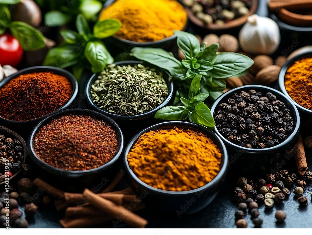 Vibrant assortment of spices, cooking background Vibrant assortment of spices, cooking background
