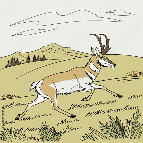 A Pronghorn running at high speed, captured in dynamic vector style, showcasing its agility and swiftness in motion.