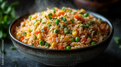 Steaming rice with peas carrots and corn in a bowl. Generative AI