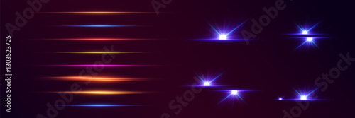 Collection of neon highlights and flares, neon lines, star explosion.