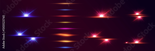 Collection of neon highlights and flares, neon lines, star explosion.