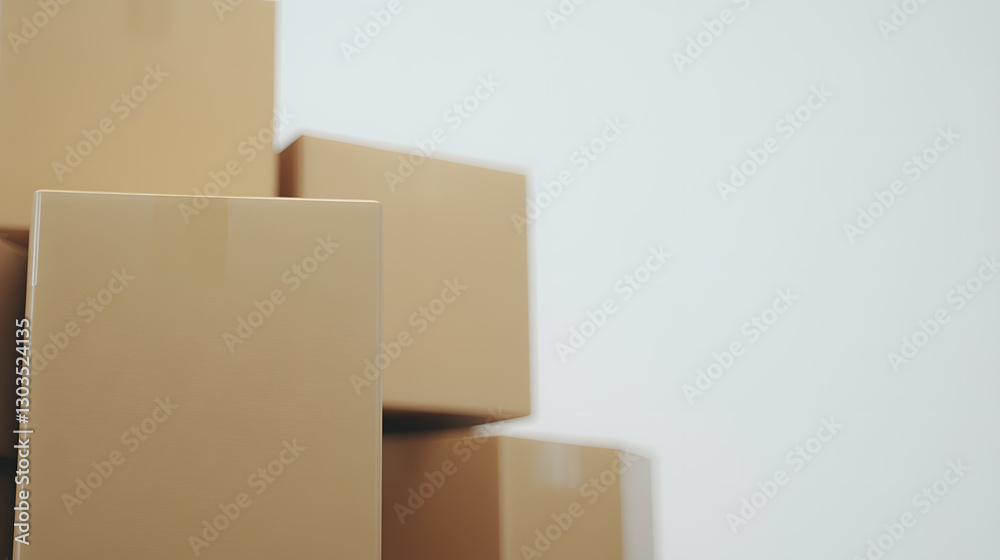 Obraz premium Stacked cardboard boxes, packaging supplies, and shipping preparations. Unlabeled and generic for adaptable use in different projects.