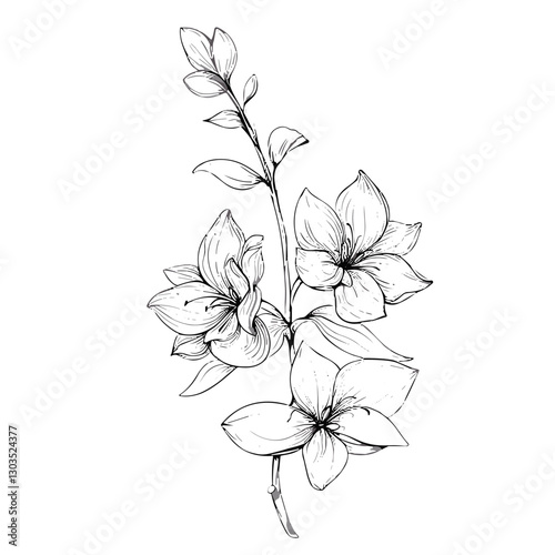 Graceful flower tattoo design featuring delicate blossoms and elegant stems in black-and-white style
