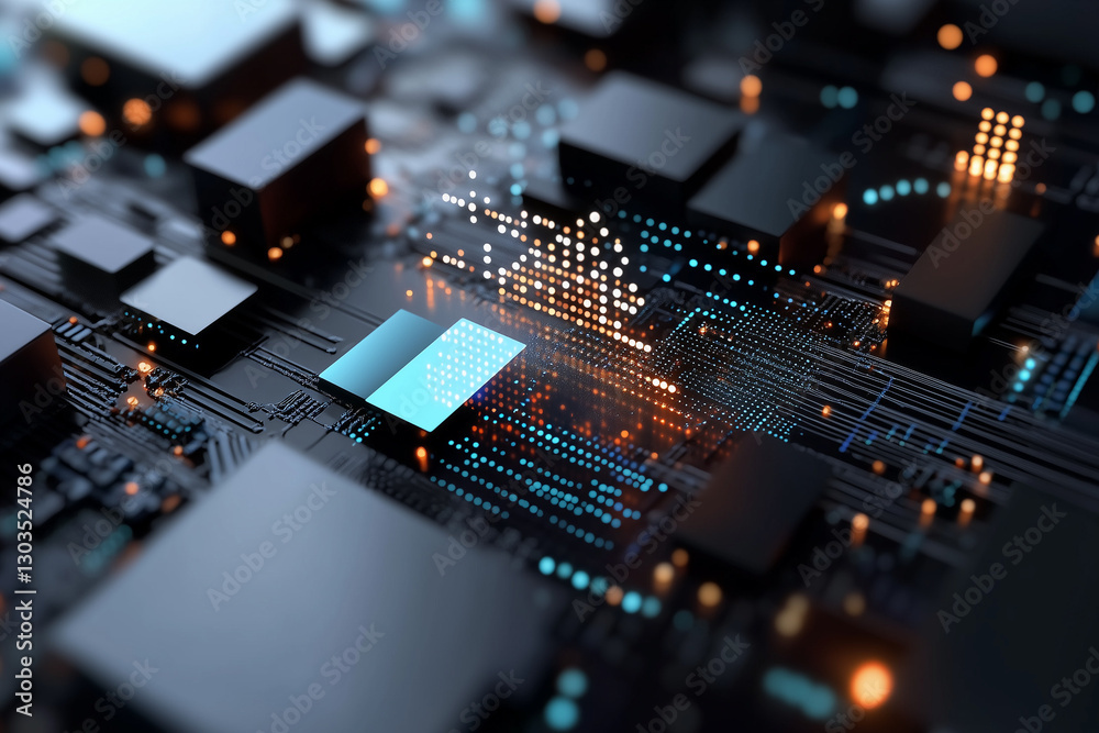Fototapeta premium Electronic circuit board, digital background perfect for tech processes, neural networks, artificial intelligence, data transfer and encryption