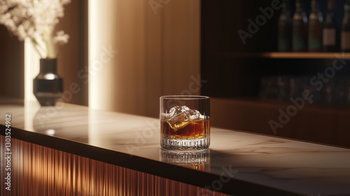 Neat Glass of Whiskey with Ice Positioned at the Corner of a Luxurious Wooden Bar, with Ample Clear Space for Text or Artwork copy space