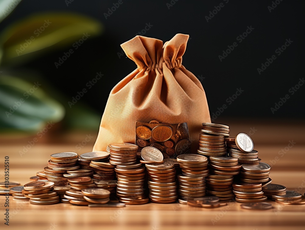 A collection of coins stacked around a burlap money bag, creating a thematic representation of wealth and savings on a wooden surface. A collection of coins stacked around a burlap money bag, creating a thematic representation of wealth and savings on a wooden surface.