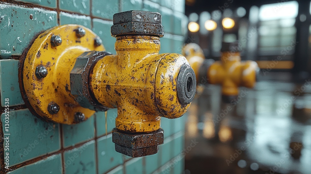 Yellow valve bolted on tiled wall in industrial setting; water drops visible Yellow valve bolted on tiled wall in industrial setting; water drops visible