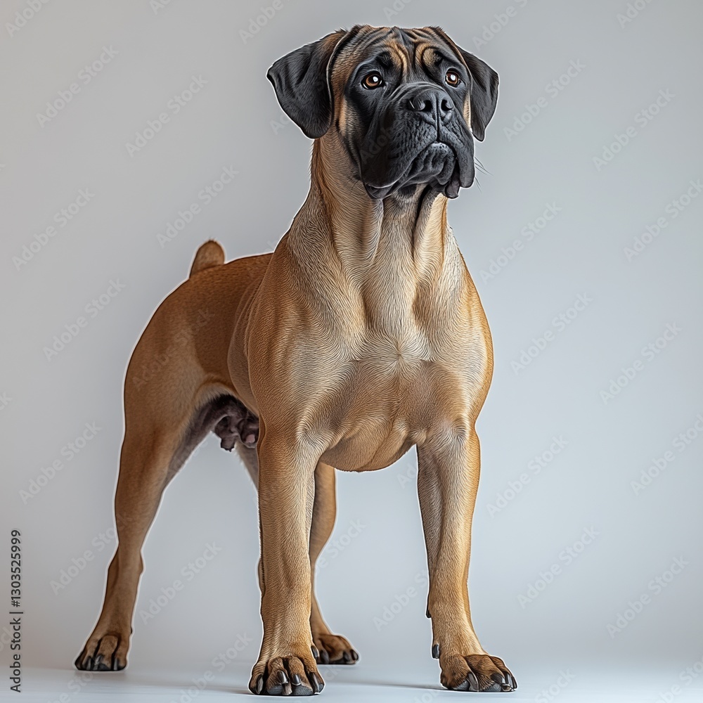 A majestic Bullmastiff stands proudly, showcasing its muscular build and expressive face against a subtle background, highlighting its unique features. A majestic Bullmastiff stands proudly, showcasing its muscular build and expressive face against a subtle background, highlighting its unique features.