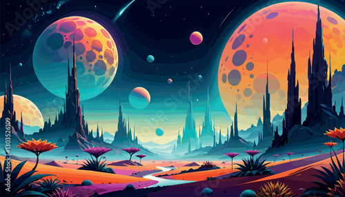 Vibrant alien landscape with multiple glowing planets