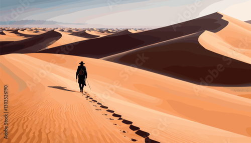 Lone traveler walking across vast desert dunes