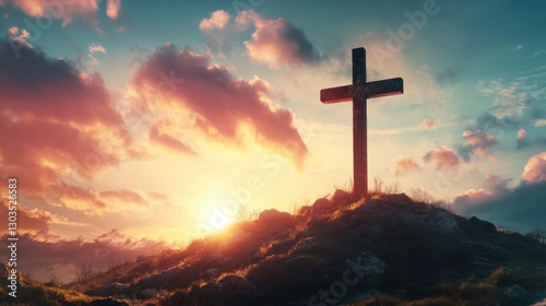 Shining cross on Calvary hill, sunrise, sunset sky background. Copy space. Ascension day concept. Christian Easter. Faith in Jesus Christ. Christianity. Church worship, salvation concept.