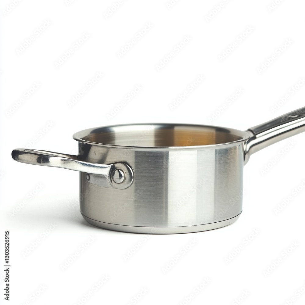 A sleek stainless steel saucepan with a long handle, featuring a smooth surface and a minimalist design, set against a white background. A sleek stainless steel saucepan with a long handle, featuring a smooth surface and a minimalist design, set against a white background.