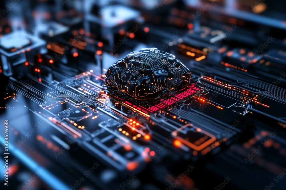 Electronic circuit board, digital background perfect for tech processes, neural networks, artificial intelligence, data transfer and encryption