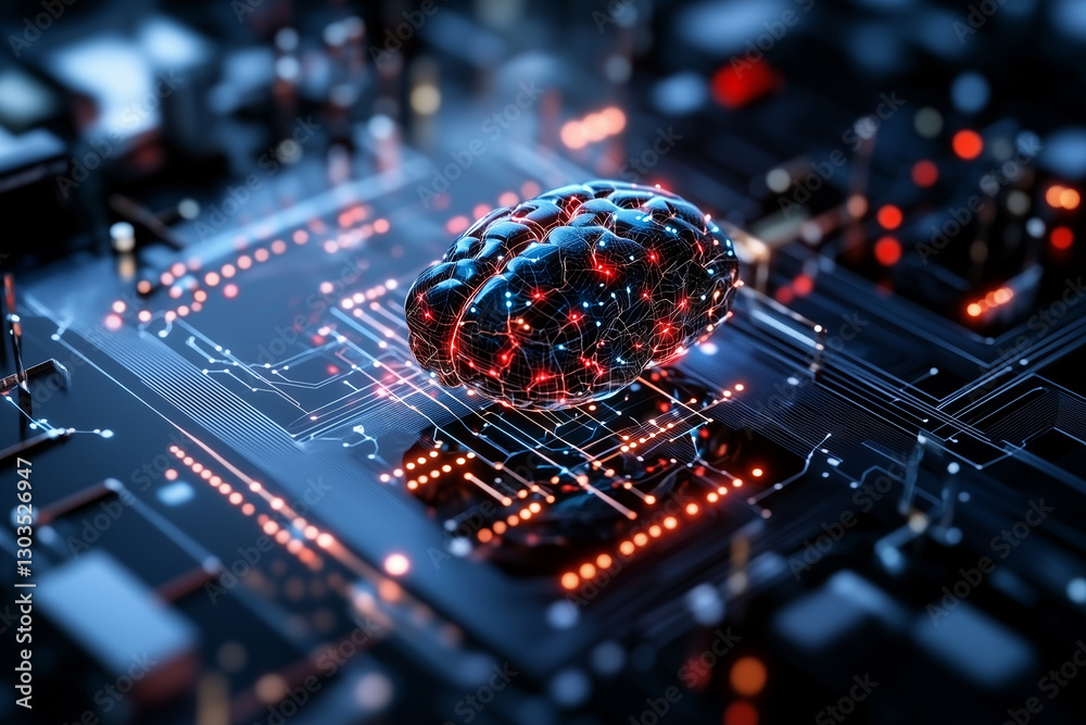 Electronic circuit board, digital background perfect for tech processes, neural networks, artificial intelligence, data transfer and encryption