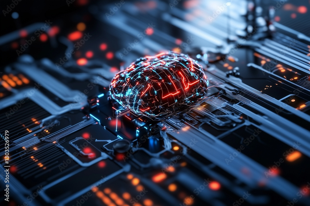 Electronic circuit board, digital background perfect for tech processes, neural networks, artificial intelligence, data transfer and encryption