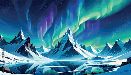 Northern lights over snowy mountain landscape