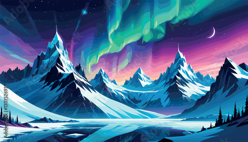 Northern lights over snowy mountain landscape