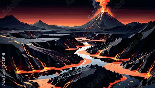 Erupting volcano with flowing rivers of lava