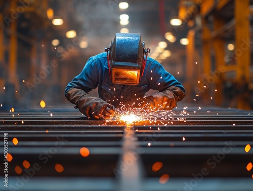 Industrial Metalwork: Welding Worker in Safety Gear Amidst Bright Sparks at a Construction Site – Metal Fabrication Focus