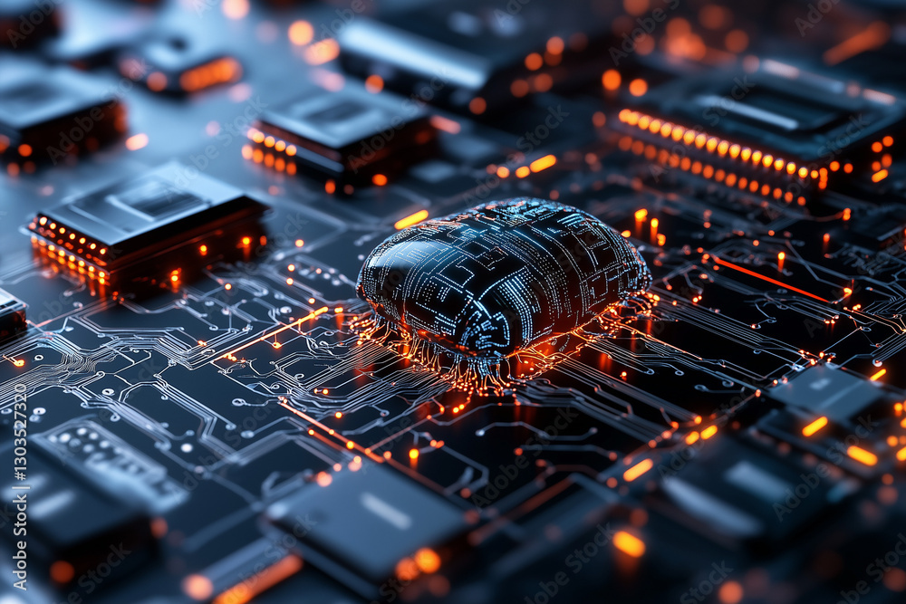 Electronic circuit board, digital background perfect for tech processes, neural networks, artificial intelligence, data transfer and encryption