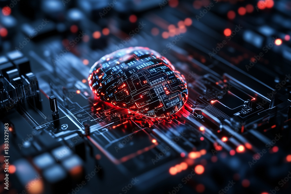 Electronic circuit board, digital background perfect for tech processes, neural networks, artificial intelligence, data transfer and encryption