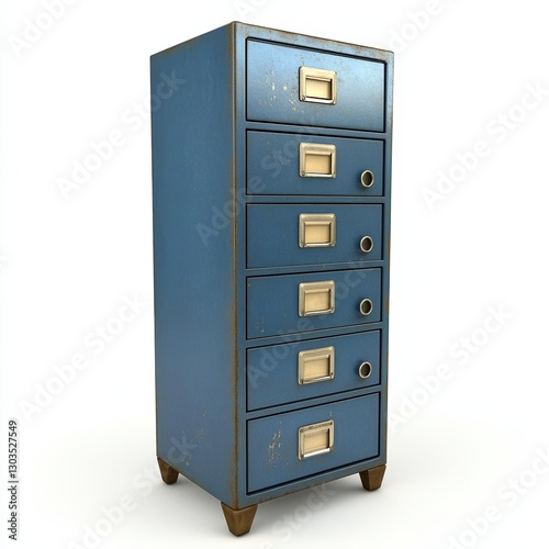 A tall, vintage-style blue file cabinet with six drawers, featuring brass handles and visible wear, against a white background.