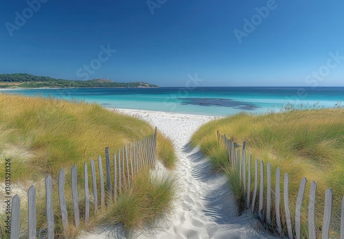 Serene Beach Pathway Surrounded by Vibrant Green Grass and Calm Blue Water Under a Clear Sky, Perfect for Tranquil Scenic Nature Photography
