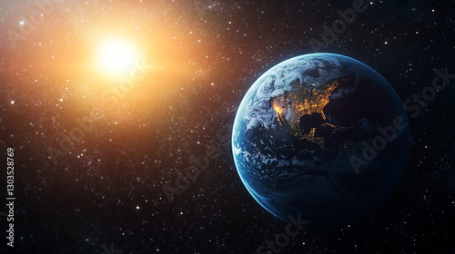 Stunning earth planet view from space with bright sun and stars blue dark night world globe light