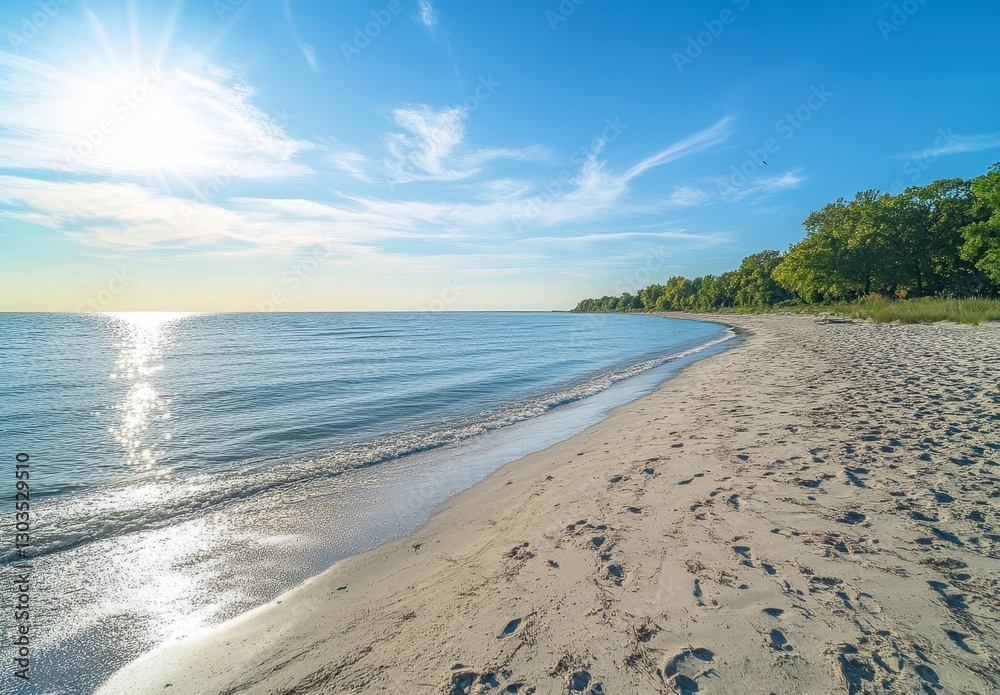 Obraz premium Serene Beach Scene with Tranquil Water, Sandy Shoreline, and Lush Green Trees under a Bright Blue Sky and Sunlight Reflection on Calm Waters