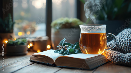 A cozy reading nook with warm lighting, steaming tea, and an open book