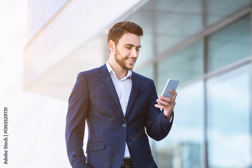 Successful young enterpreneur using his cellphone for online communication near government office