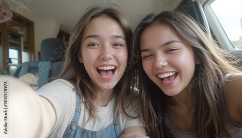 Two Teen Girls Taking Selfie In Car