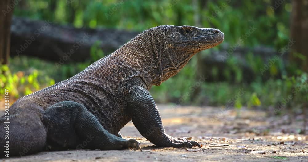 Komodo dragon or Varanus Komodoensis rest in jungle forest, basking in warm sunlight with impressive scales and powerful presence. Wild animals natural habitat. Indonesia, Rinca island national park Komodo dragon or Varanus Komodoensis rest in jungle forest, basking in warm sunlight with impressive scales and powerful presence. Wild animals natural habitat. Indonesia, Rinca island national park