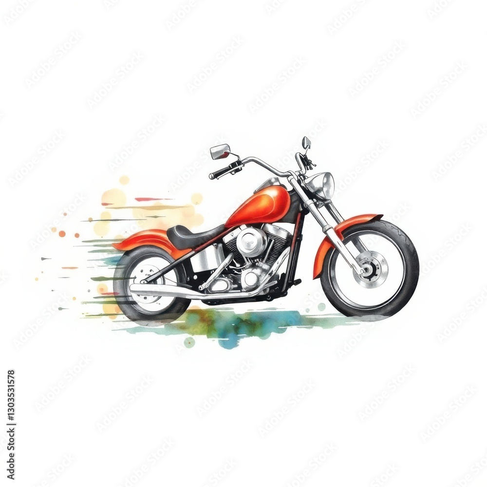 Orange motorcycle illustration, a vivid and dynamic portrayal of a classic vehicle with watercolor accents. Orange motorcycle illustration, a vivid and dynamic portrayal of a classic vehicle with watercolor accents.
